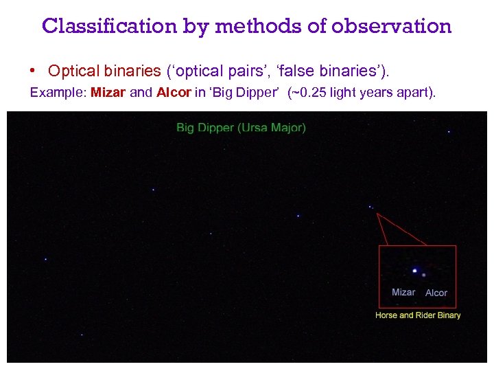 Classification by methods of observation • Optical binaries (‘optical pairs’, ‘false binaries’). Example: Mizar