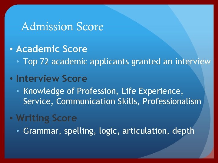 Admission Score • Academic Score • Top 72 academic applicants granted an interview •