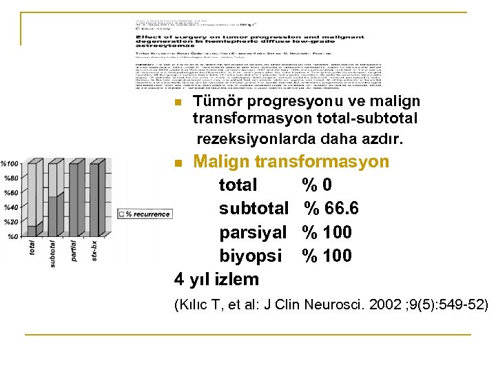 n Tümör progresyonu ve malign transformasyon total-subtotal rezeksiyonlarda daha azdır. Malign transformasyon total %0