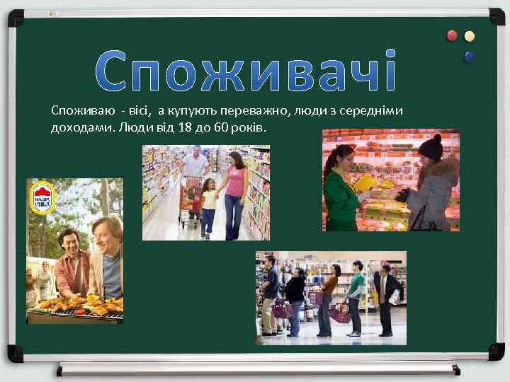 Споживаю - вісі, а купують переважно, люди з середніми доходами. Люди від 18 до
