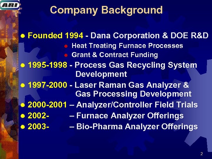 Company Background ® Founded 1994 - Dana Corporation & DOE R&D ® Heat Treating