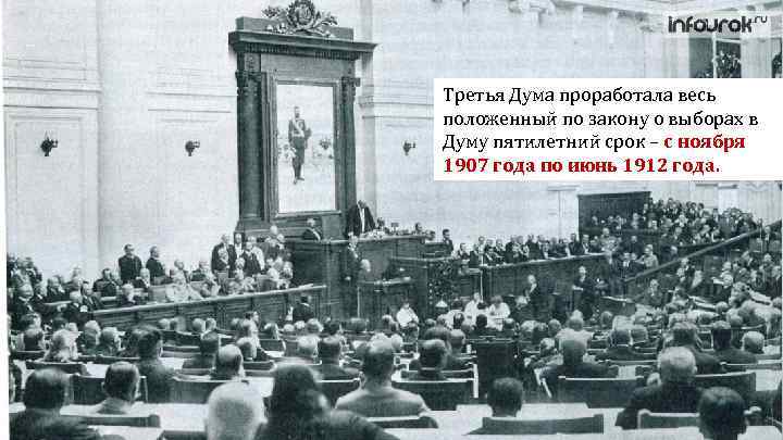 Третья Дума проработала весь положенный по закону о выборах в Думу пятилетний срок –