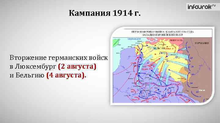 Кампания 1914 г. Вторжение германских войск в Люксембург (2 августа) и Бельгию (4 августа).