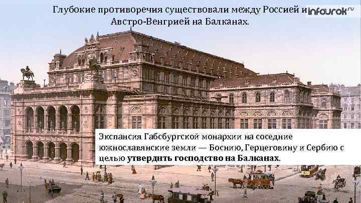 Глубокие противоречия существовали между Россией и Австро-Венгрией на Балканах. Экспансия Габсбургской монархии на соседние