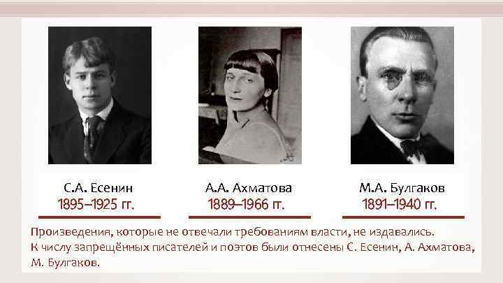 С. А. Есенин 1895– 1925 гг. А. А. Ахматова 1889– 1966 гг. М. А.