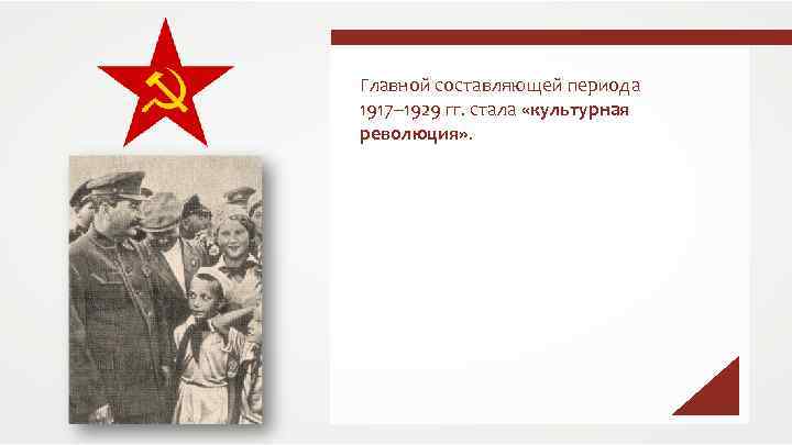 Главной составляющей периода 1917– 1929 гг. стала «культурная революция» . 