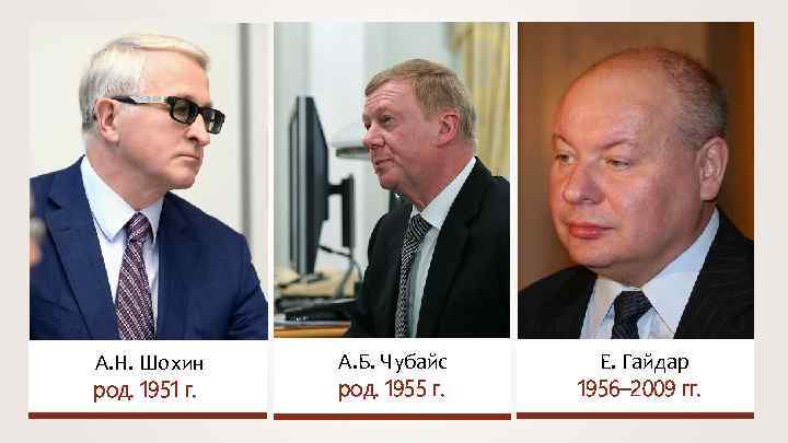 А. Н. Шохин род. 1951 г. А. Б. Чубайс род. 1955 г. Е. Гайдар