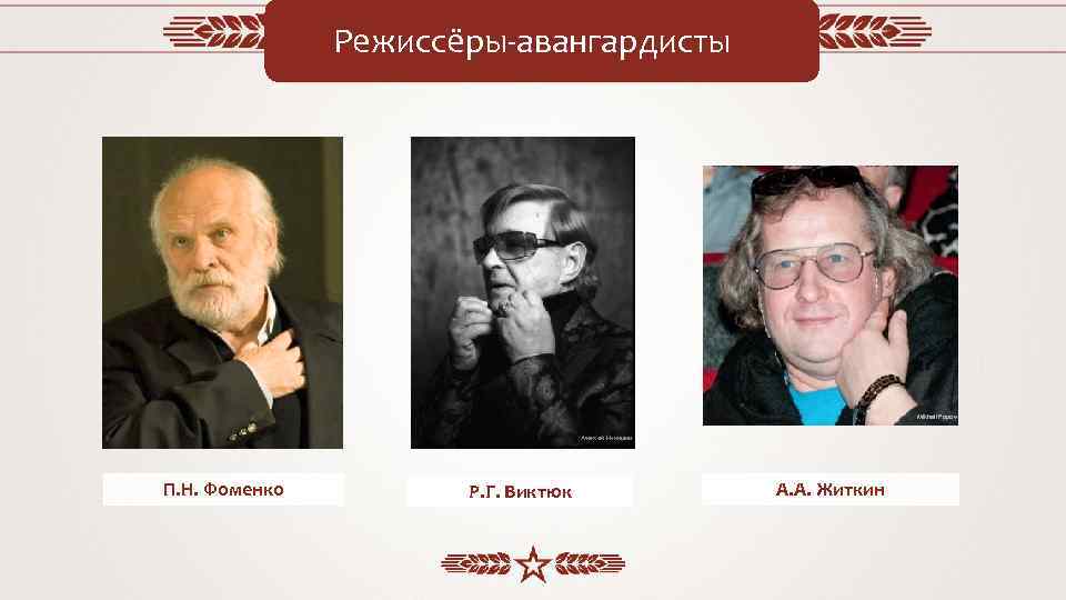 Режиссёры-авангардисты Mikhail Popov Алексей Никишин П. Н. Фоменко Р. Г. Виктюк А. А. Житкин