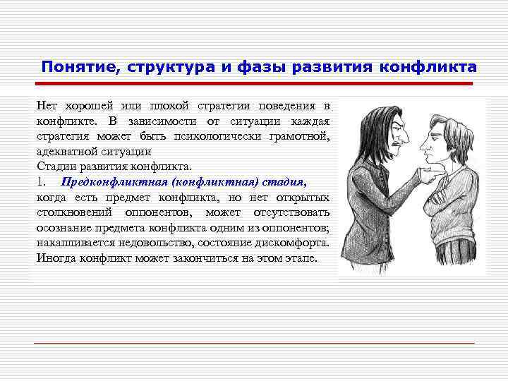 Понятие, структура и фазы развития конфликта Нет хорошей или плохой стратегии поведения в конфликте.