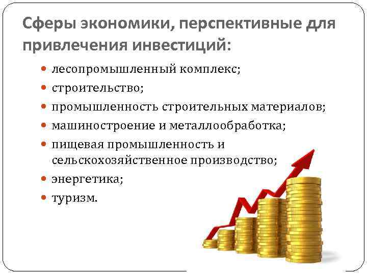 Сферы экономики, перспективные для привлечения инвестиций: лесопромышленный комплекс; строительство; промышленность строительных материалов; машиностроение и