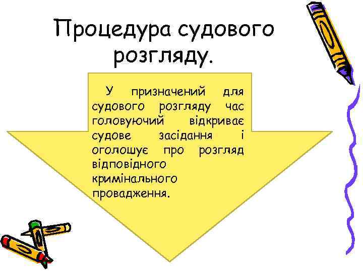 Процедура судового розгляду. У призначений для судового розгляду час головуючий відкриває судове засідання і