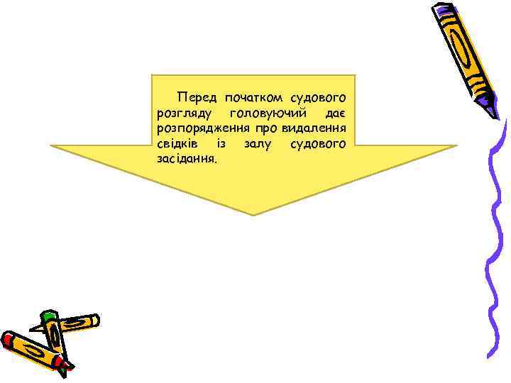 Перед початком судового розгляду головуючий дає розпорядження про видалення свідків із залу судового засідання.