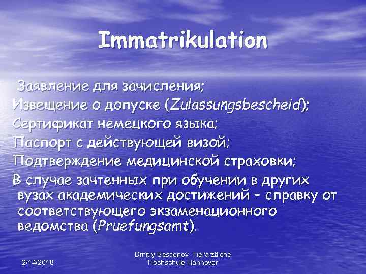 Immatrikulation Заявление для зачисления; Извещение о допуске (Zulassungsbescheid); Сертификат немецкого языка; Паспорт с действующей