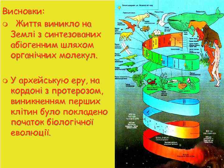 Висновки: m Життя виникло на Землі з синтезованих абіогенним шляхом органічних молекул. m У