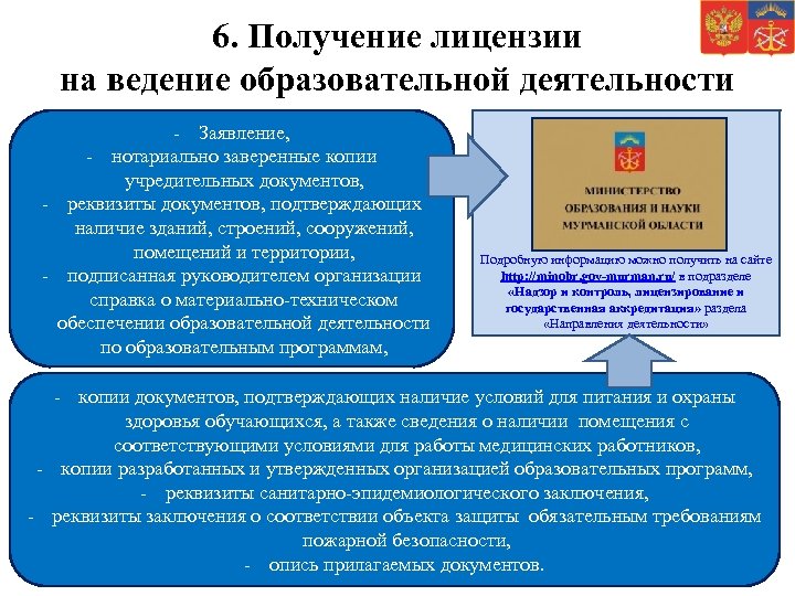 6. Получение лицензии на ведение образовательной деятельности - Заявление, - нотариально заверенные копии учредительных