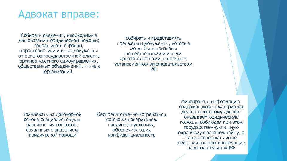 Адвокат вправе: Собирать сведения, необходимые для оказания юридической помощи; запрашивать справки, характеристики и иные