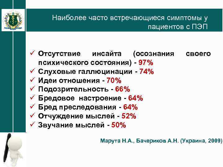 Наиболее часто встречающиеся симптомы у пациентов с ПЭП ü Отсутствие инсайта (осознания психического состояния)