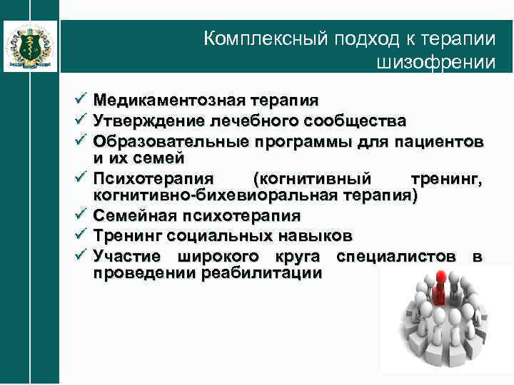 Комплексный подход к терапии шизофрении ü Медикаментозная терапия ü Утверждение лечебного сообщества ü Образовательные