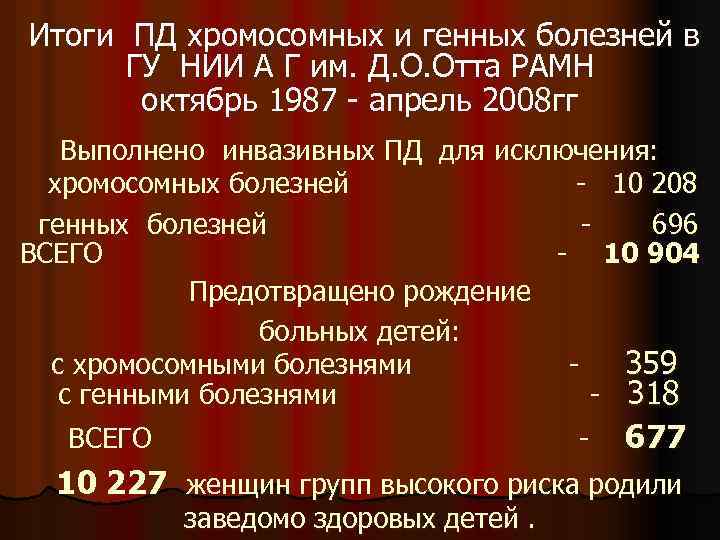 Итоги ПД хромосомных и генных болезней в ГУ НИИ А Г им. Д. О.