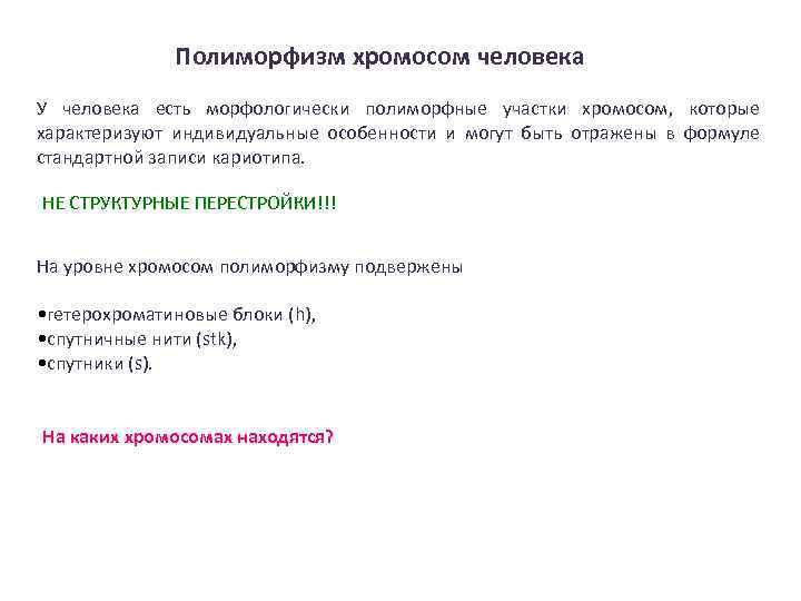 Полиморфизм хромосом человека У человека есть морфологически полиморфные участки хромосом, которые характеризуют индивидуальные особенности