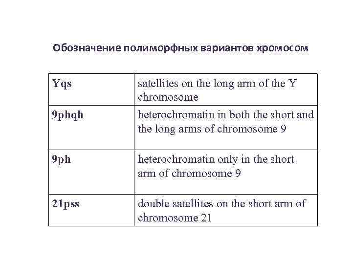Обозначение полиморфных вариантов хромосом Yqs satellites on the long arm of the Y chromosome