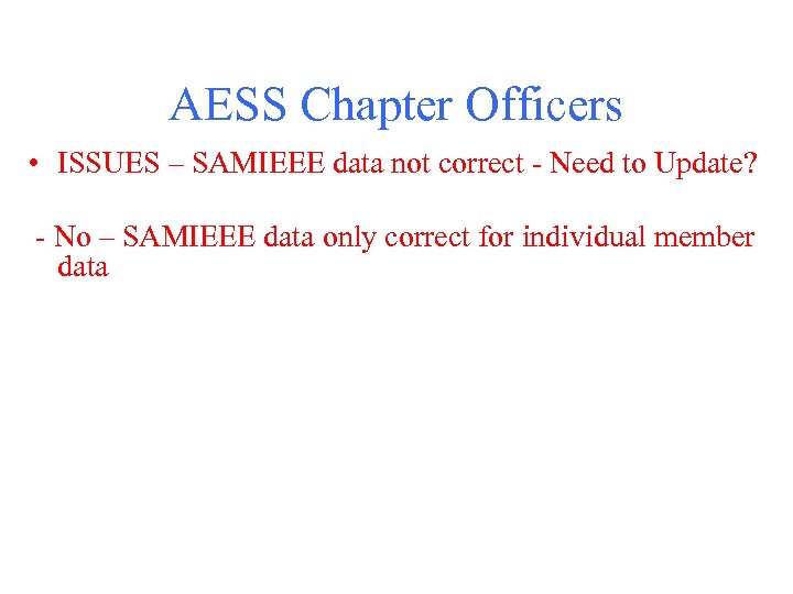 AESS Chapter Officers • ISSUES – SAMIEEE data not correct - Need to Update?