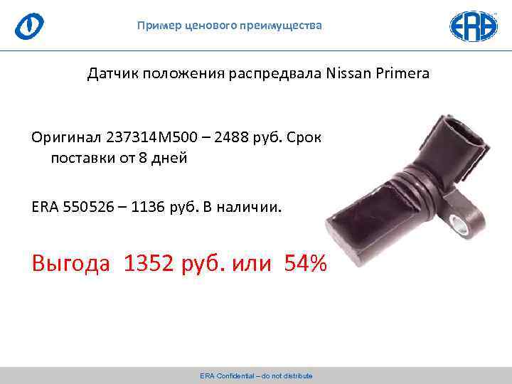 Пример ценового преимущества Датчик положения распредвала Nissan Primera Оригинал 237314 М 500 – 2488