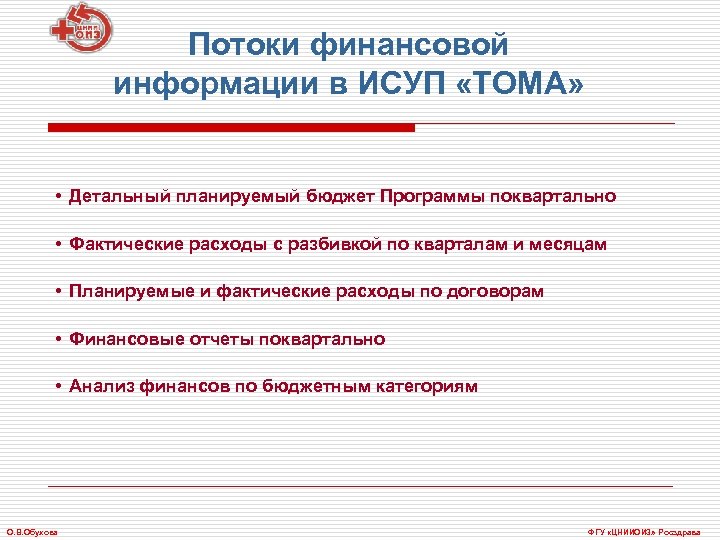 Потоки финансовой информации в ИСУП «ТОМА» • Детальный планируемый бюджет Программы поквартально • Фактические