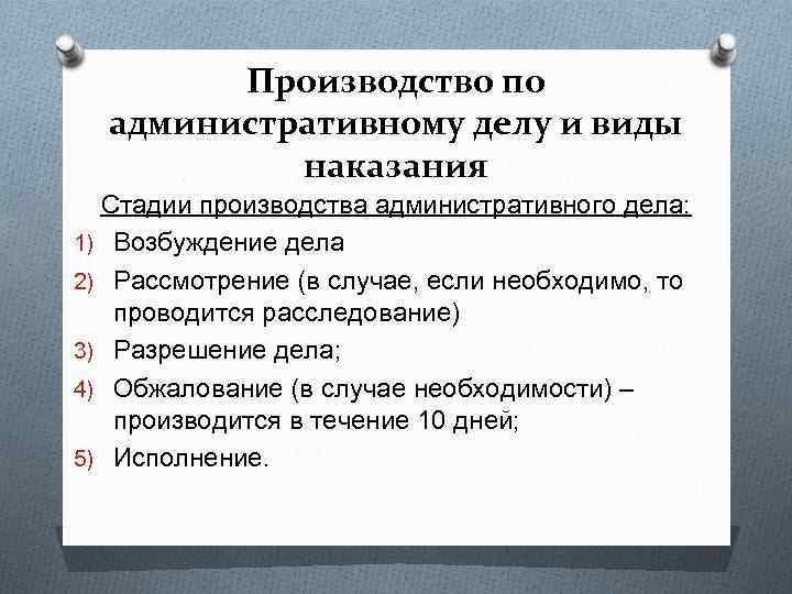 Производство по административному делу и виды наказания Стадии производства административного дела: 1) Возбуждение дела
