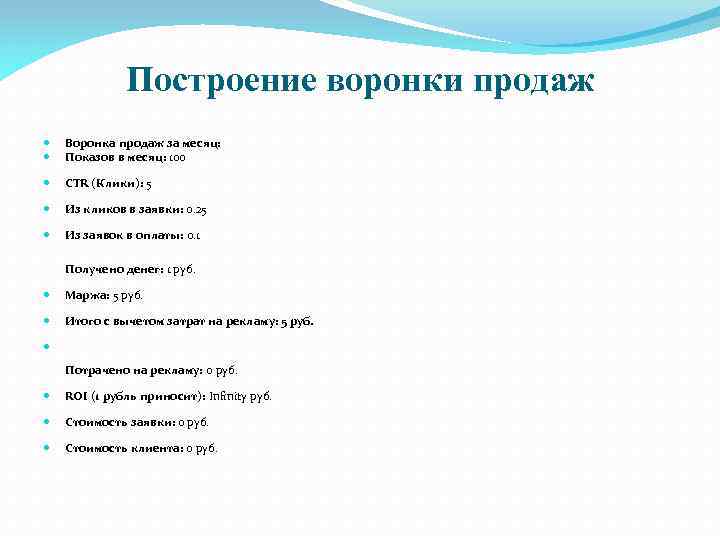 Построение воронки продаж Воронка продаж за месяц: Показов в месяц: 100 CTR (Клики): 5