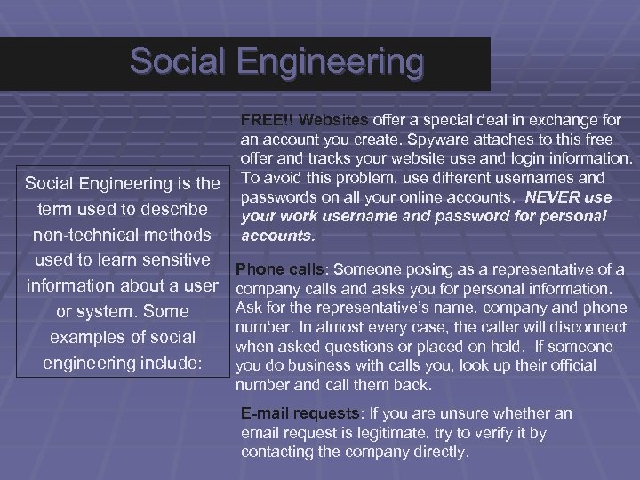Social Engineering is the term used to describe non-technical methods used to learn sensitive