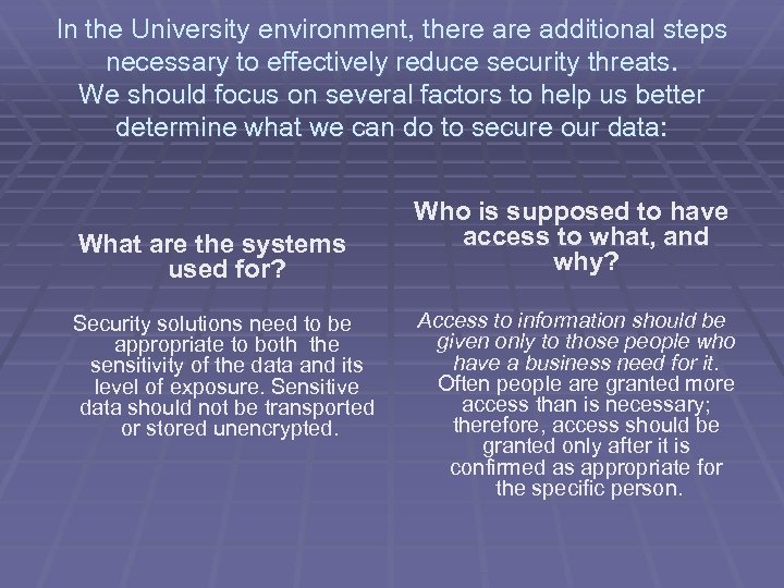 In the University environment, there additional steps necessary to effectively reduce security threats. We