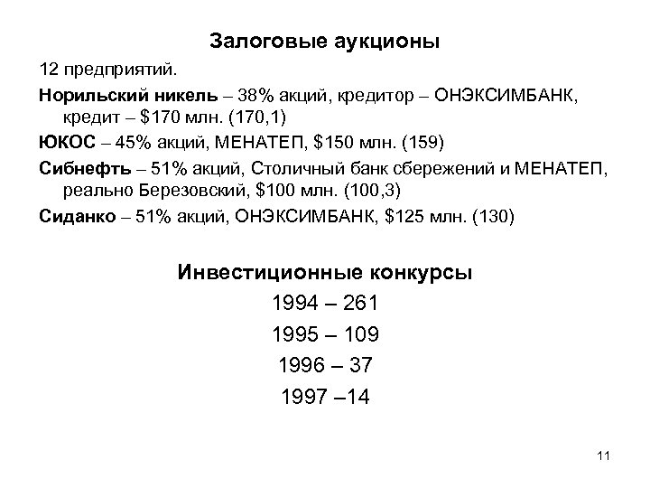 Залоговые аукционы 12 предприятий. Норильский никель – 38% акций, кредитор – ОНЭКСИМБАНК, кредит –