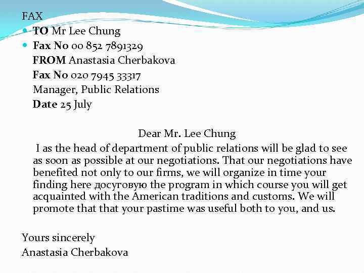 FAX TO Mr Lee Chung Fax No 00 852 7891329 FROM Anastasia Cherbakova Fax