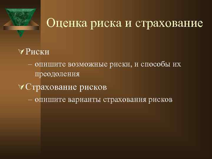 Оценка риска и страхование Ú Риски – опишите возможные риски, и способы их преодоления
