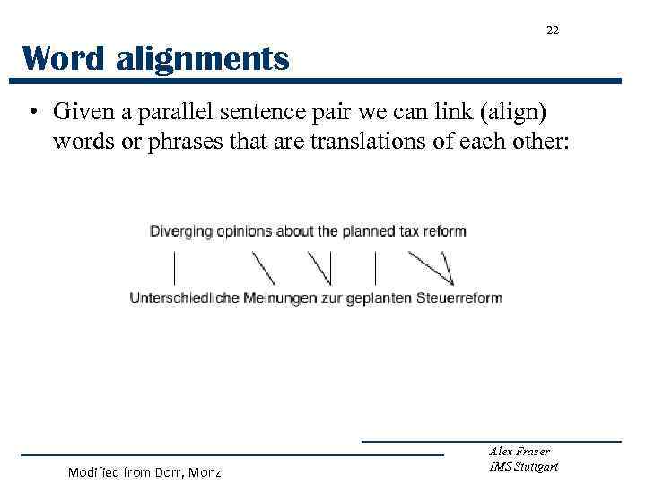 22 Word alignments • Given a parallel sentence pair we can link (align) words