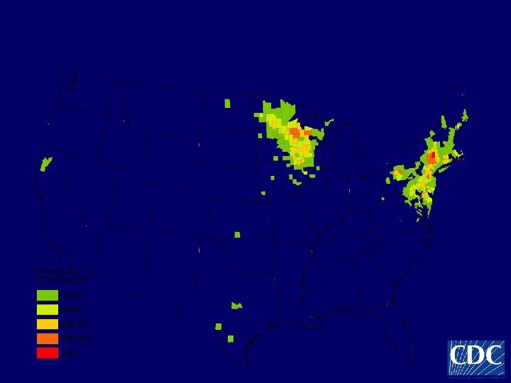Reported Lyme disease incidence by county of residence—United States, 2005 Incidence per 100, 000