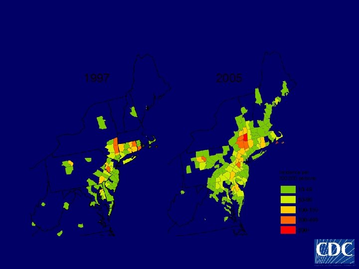 Lyme disease high incidence counties, Northeastern United States 1997 2005 Incidence per 100, 000