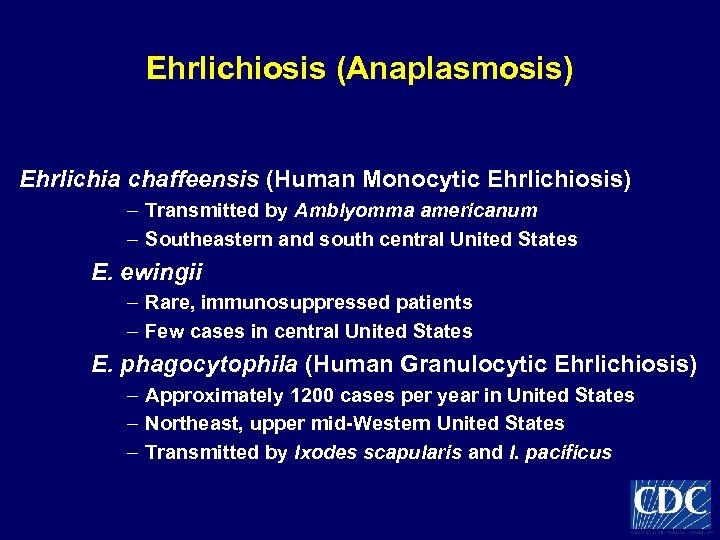 Ehrlichiosis (Anaplasmosis) Ehrlichia chaffeensis (Human Monocytic Ehrlichiosis) – Transmitted by Amblyomma americanum – Southeastern