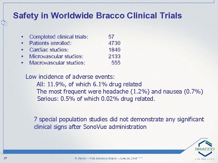 Safety in Worldwide Bracco Clinical Trials • • • Completed clinical trials: Patients enrolled: