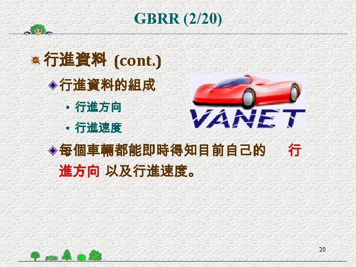 GBRR (2/20) 行進資料 (cont. ) 行進資料的組成 • 行進方向 • 行進速度 每個車輛都能即時得知目前自己的 進方向 以及行進速度。 行