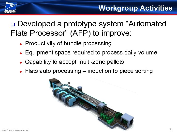 Workgroup Activities q Developed a prototype system “Automated Flats Processor” (AFP) to improve: ●