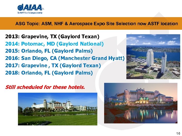 ASG Topic: ASM, NHF & Aerospace Expo Site Selection now ASTF location 2013: Grapevine,