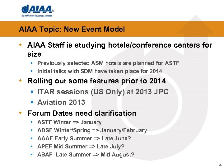 AIAA Topic: New Event Model • AIAA Staff is studying hotels/conference centers for size