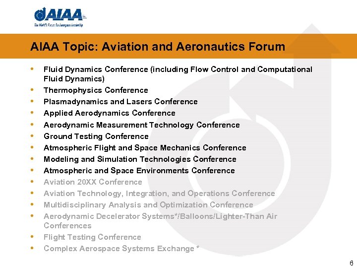 AIAA Topic: Aviation and Aeronautics Forum • • • • Fluid Dynamics Conference (including