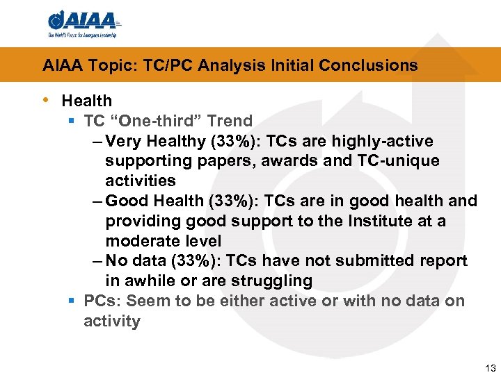 AIAA Topic: TC/PC Analysis Initial Conclusions • Health § TC “One-third” Trend – Very