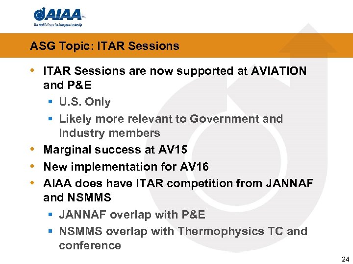 ASG Topic: ITAR Sessions • ITAR Sessions are now supported at AVIATION and P&E