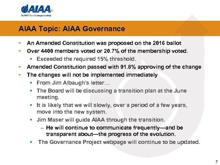 AIAA Topic: AIAA Governance • An Amended Constitution was proposed on the 2016 ballot
