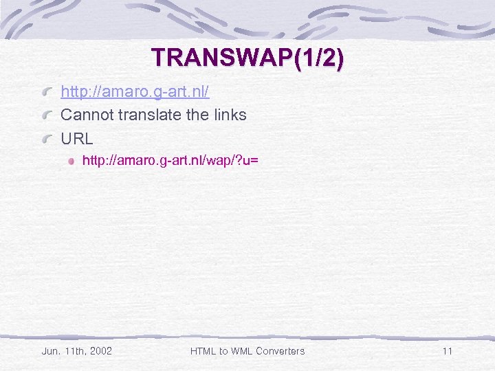 TRANSWAP(1/2) http: //amaro. g-art. nl/ Cannot translate the links URL http: //amaro. g-art. nl/wap/?