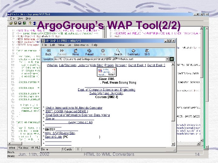 Argo. Group’s WAP Tool(2/2) Jun. 11 th, 2002 HTML to WML Converters 14 